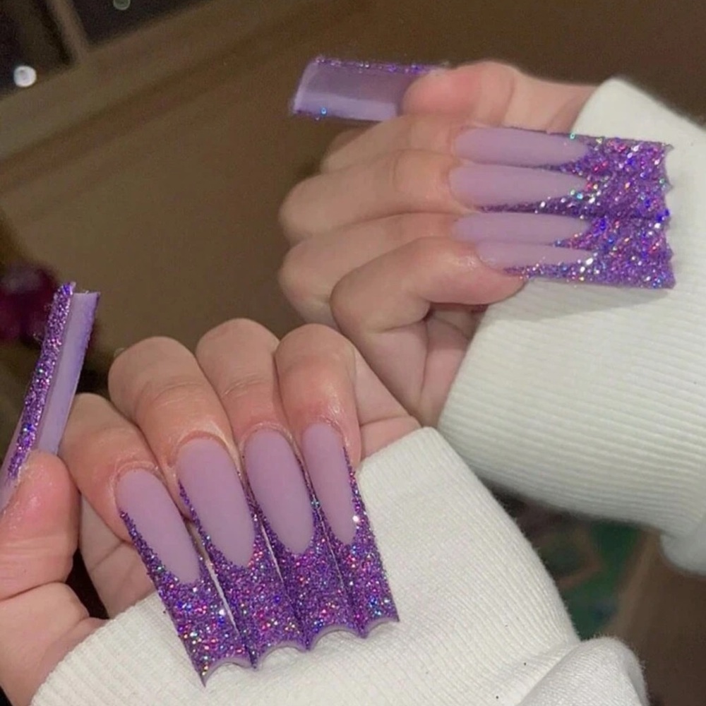 24pcs New Style Coffin Shape Artificial Nails With Glitter Tips